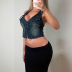Blue denim cropped waist coat corset top