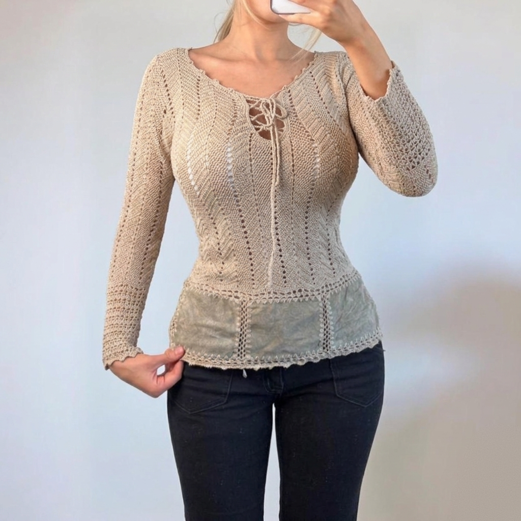 VINTAGE Beige crotchet long sleeve blouse top