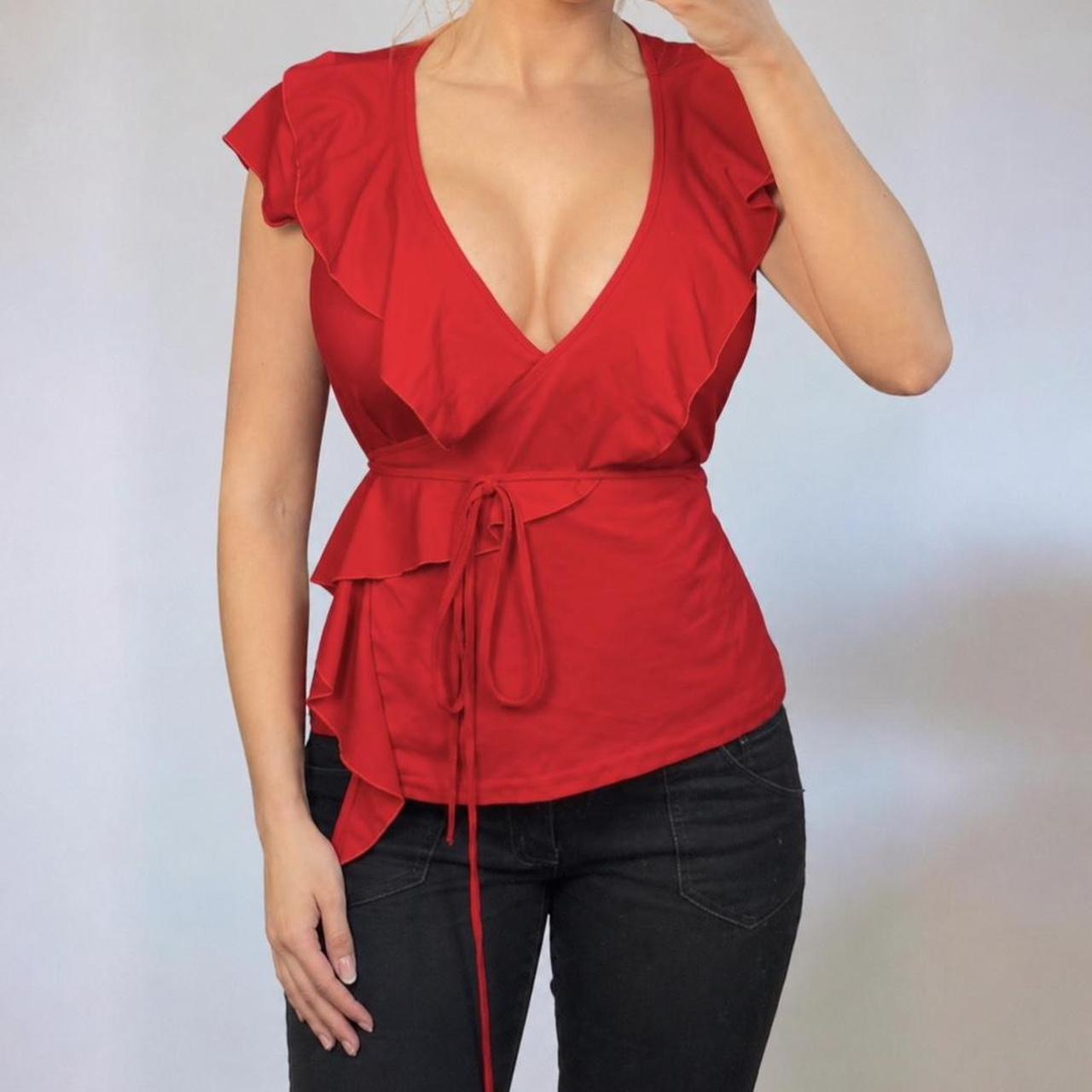VINTAGE Red short sleeve v neck ruffle blouse wrap top