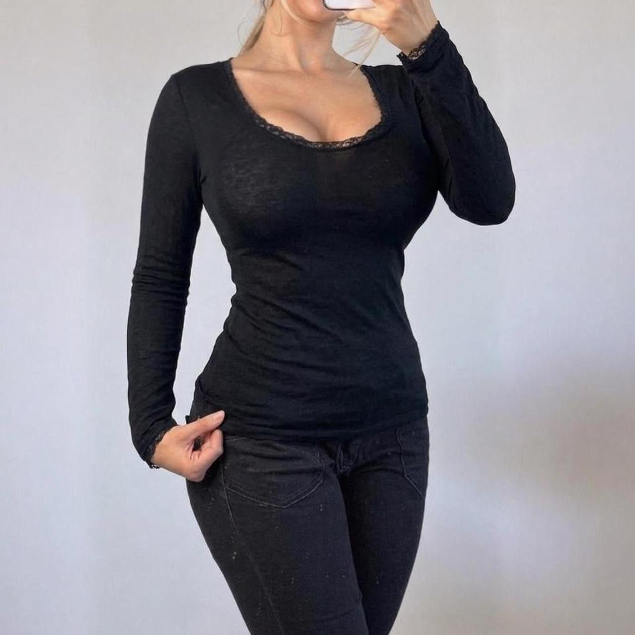 VINTAGE black long sleeve top lace trim
