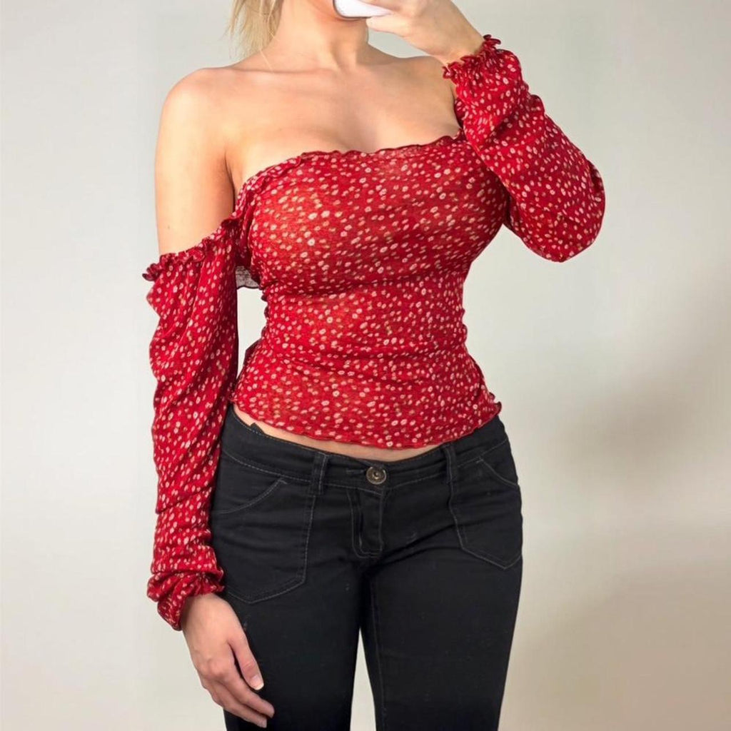Red long sleeve mesh floral top