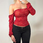 Red long sleeve mesh floral top