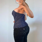 Navy blue white polka dot boned corset strapless top e