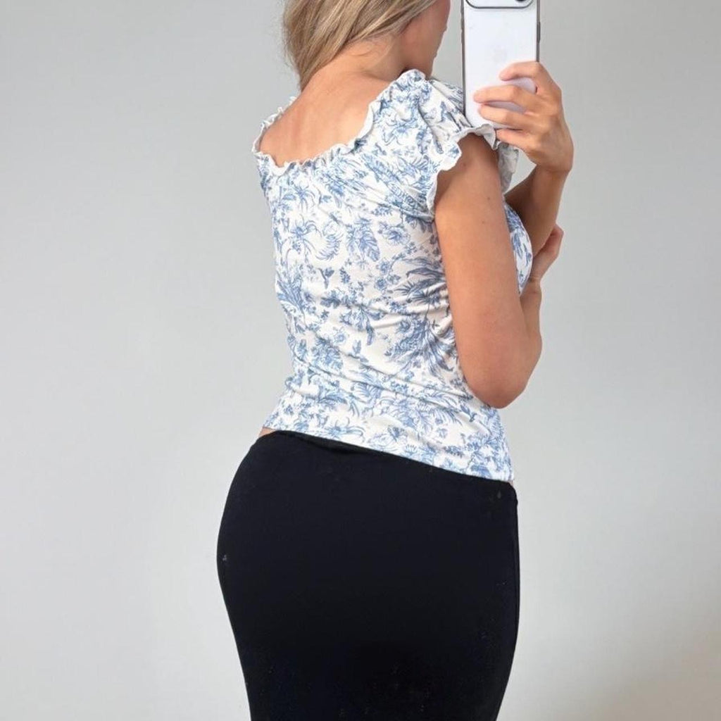 Blue floral milkmaid blouse top