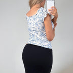 Blue floral milkmaid blouse top