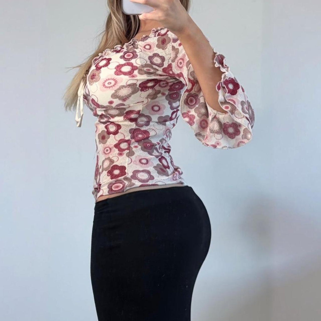 VINTAGE Pink floral milkmaid long sleeve blouse top