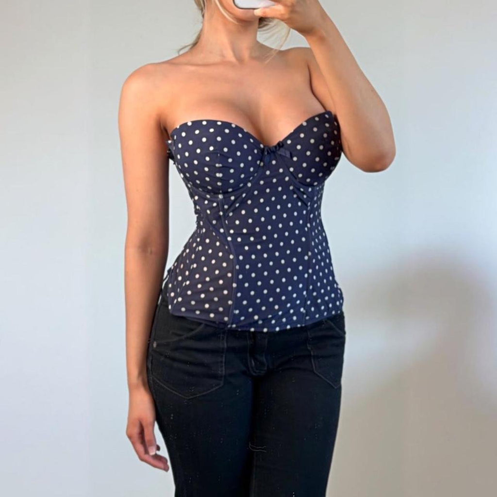 Navy blue white polka dot boned corset strapless top e
