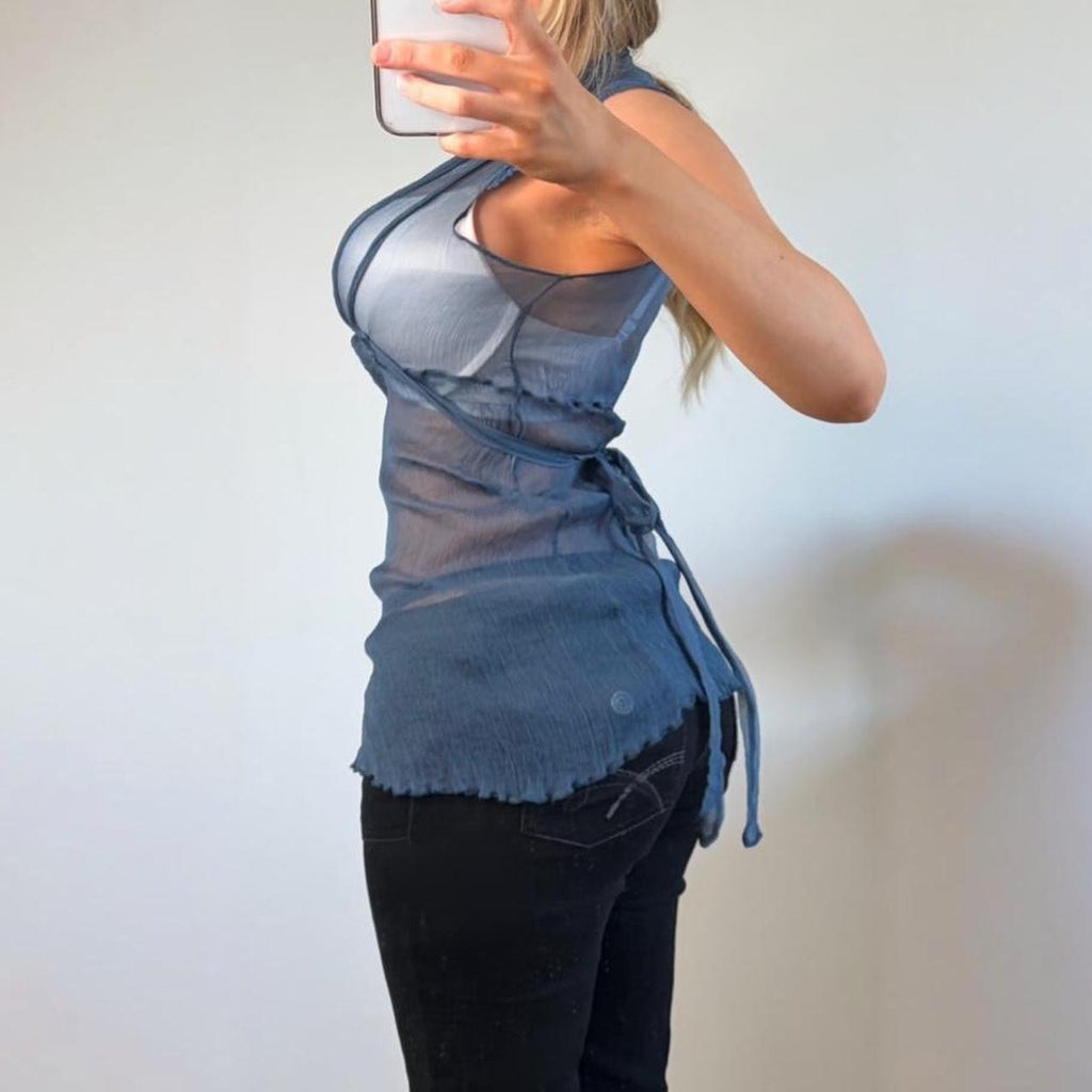 VINTAGE blue mesh short sleeve top