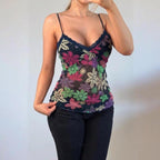 VINTAGE Navy blue sparkly sheer mesh floral cami top