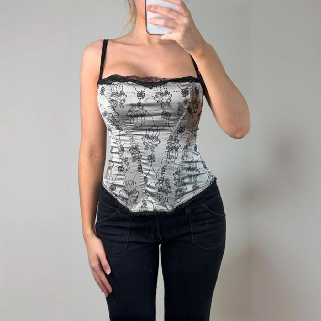 Silver black floral boned corset top