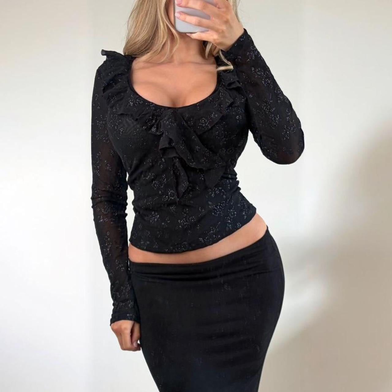 VINTAGE Black long sleeve ruffle blouse top