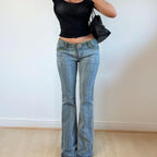 Blue low rise flared denim jeans