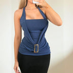 Navy blue ruched halter neck top with silver buckle detail