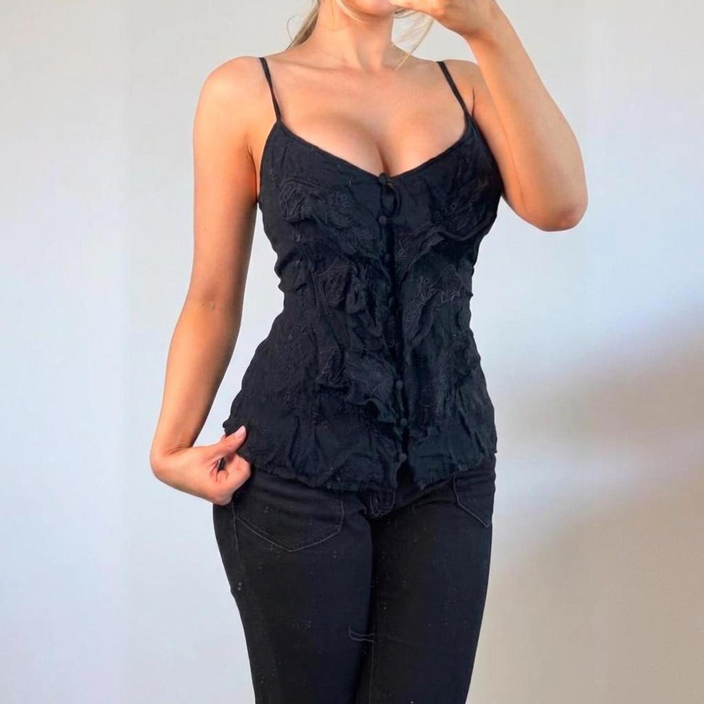 VINTAGE black ruffle button floral cami top