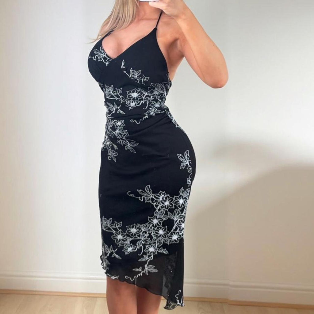 Black floral halter dress
