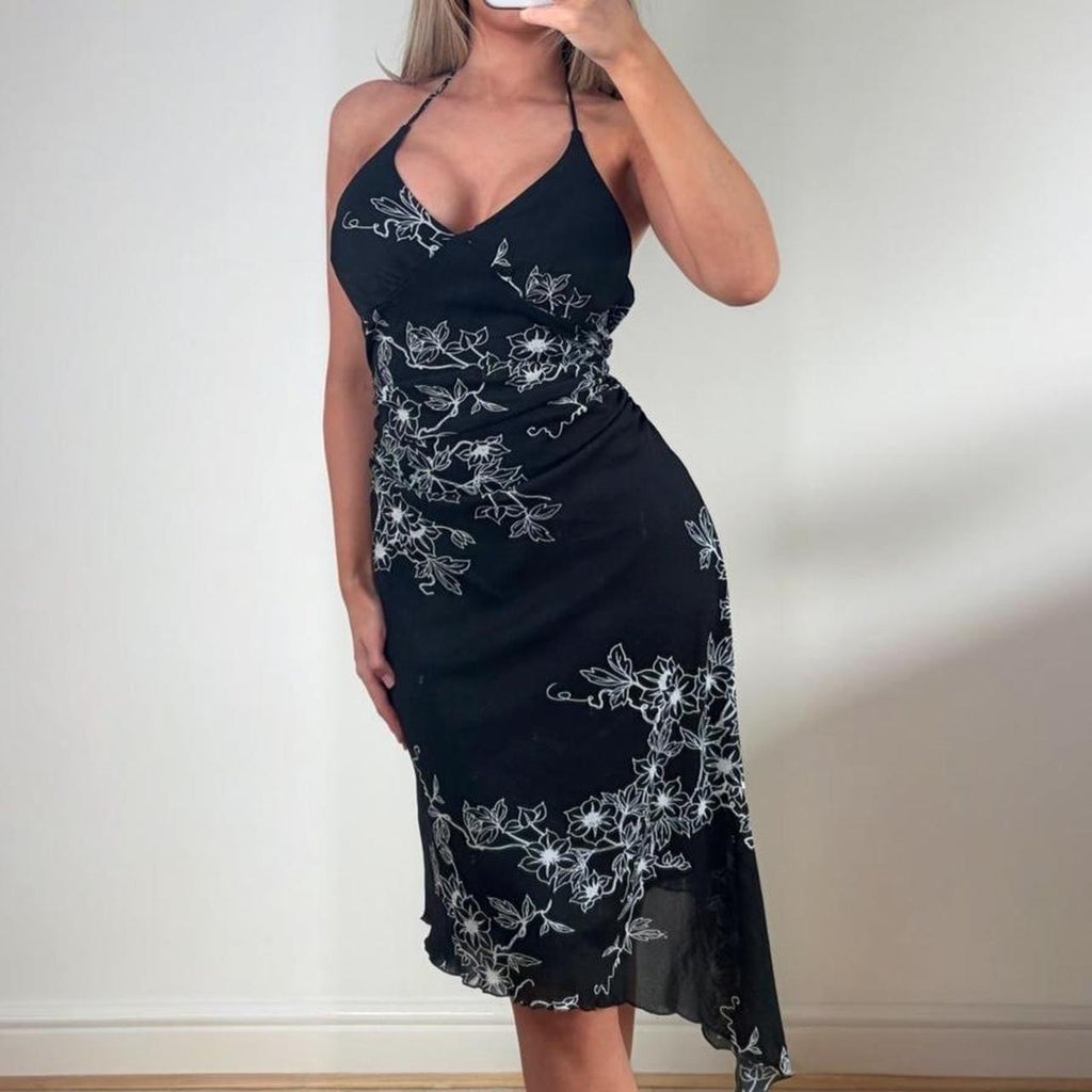 Black floral halter dress