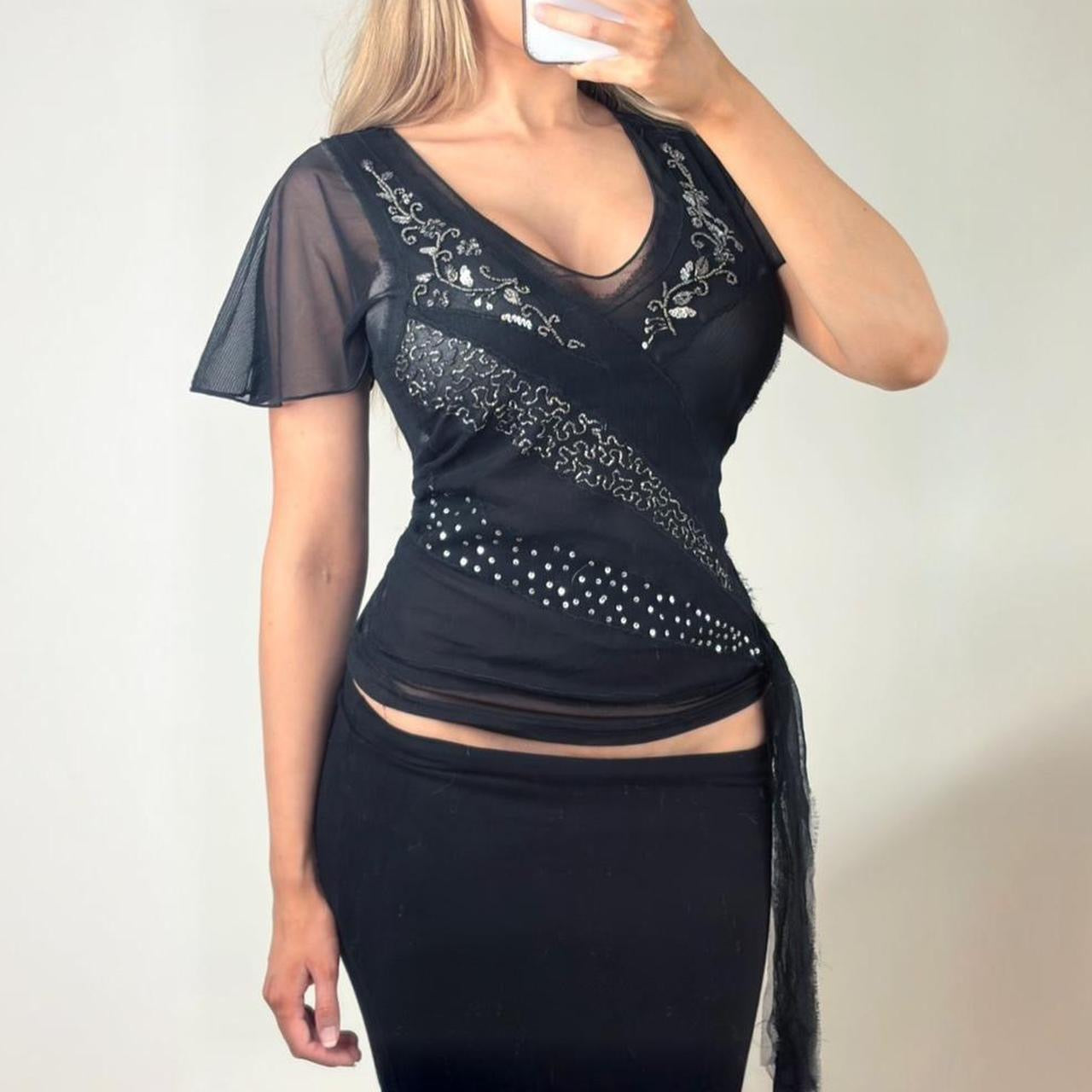 Black mesh blouse short sleeve top