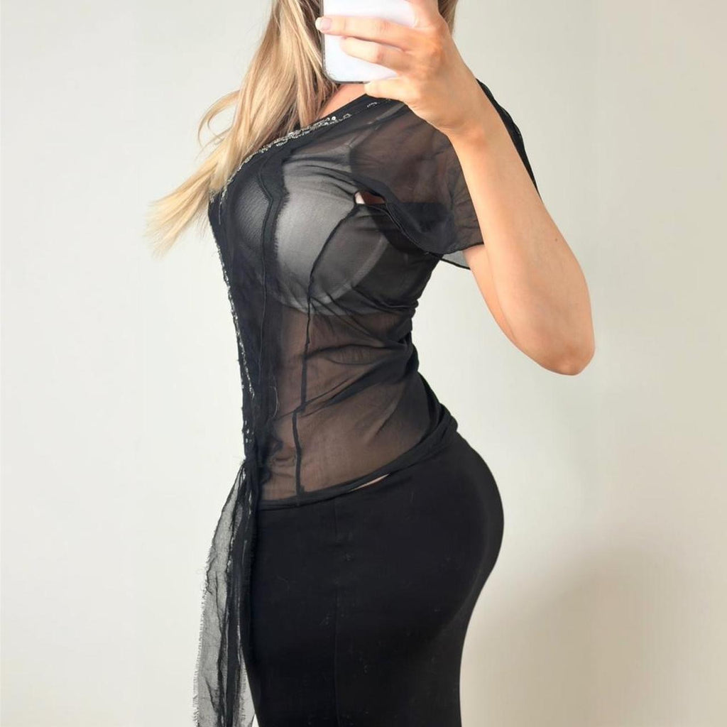 Black mesh blouse short sleeve top
