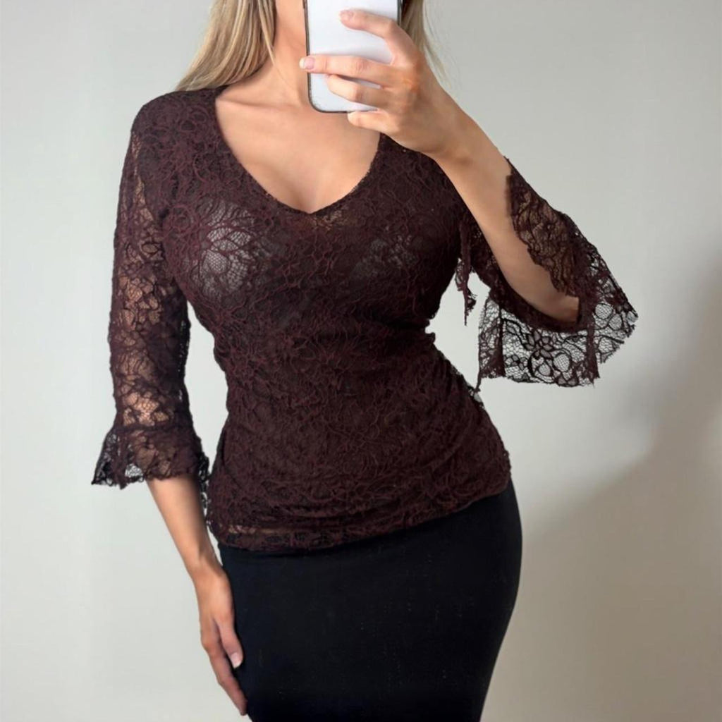 VINTAGE Brown lace blouse top bell sleeves