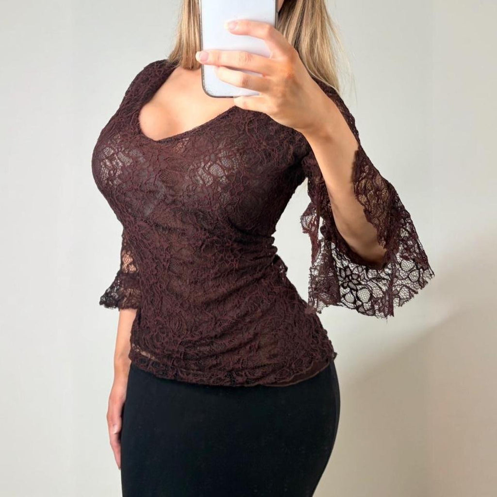 VINTAGE Brown lace blouse top bell sleeves