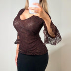 VINTAGE Brown lace blouse top bell sleeves