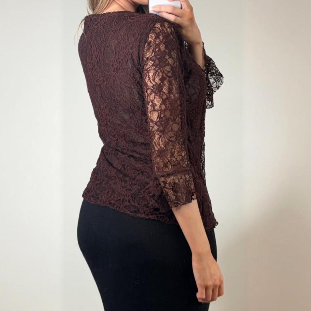 VINTAGE Brown lace blouse top bell sleeves