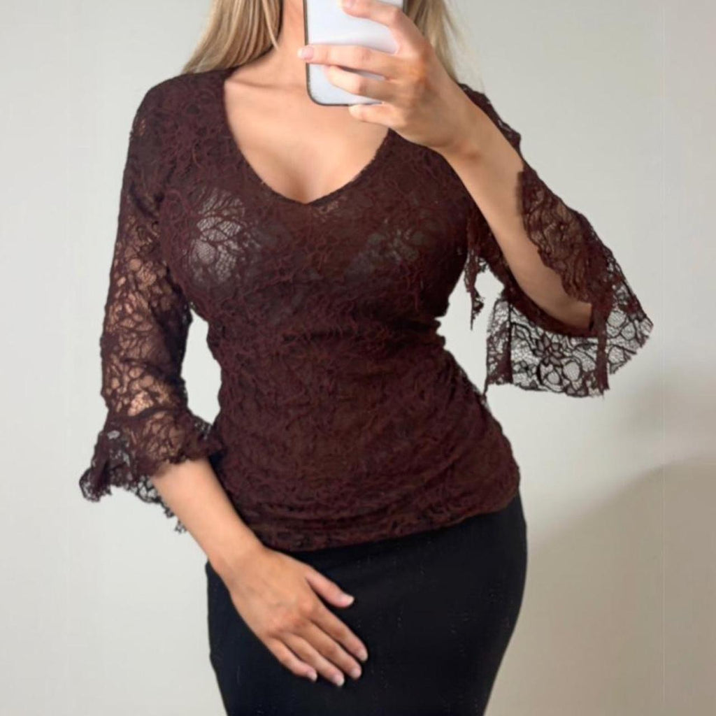 VINTAGE Brown lace blouse top bell sleeves