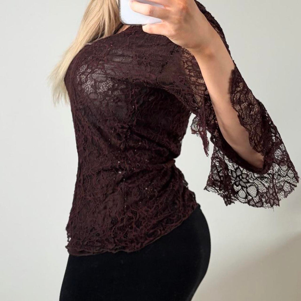 VINTAGE Brown lace blouse top bell sleeves