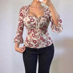 VINTAGE Pink floral milkmaid long sleeve blouse top