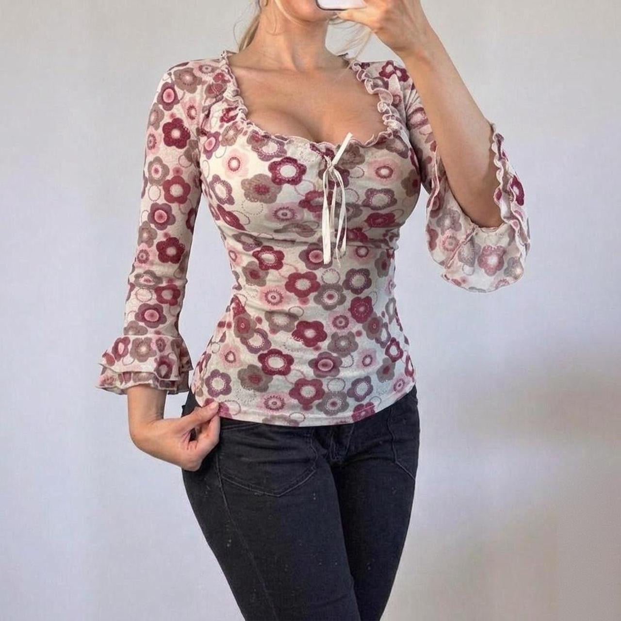 VINTAGE Pink floral milkmaid long sleeve blouse top